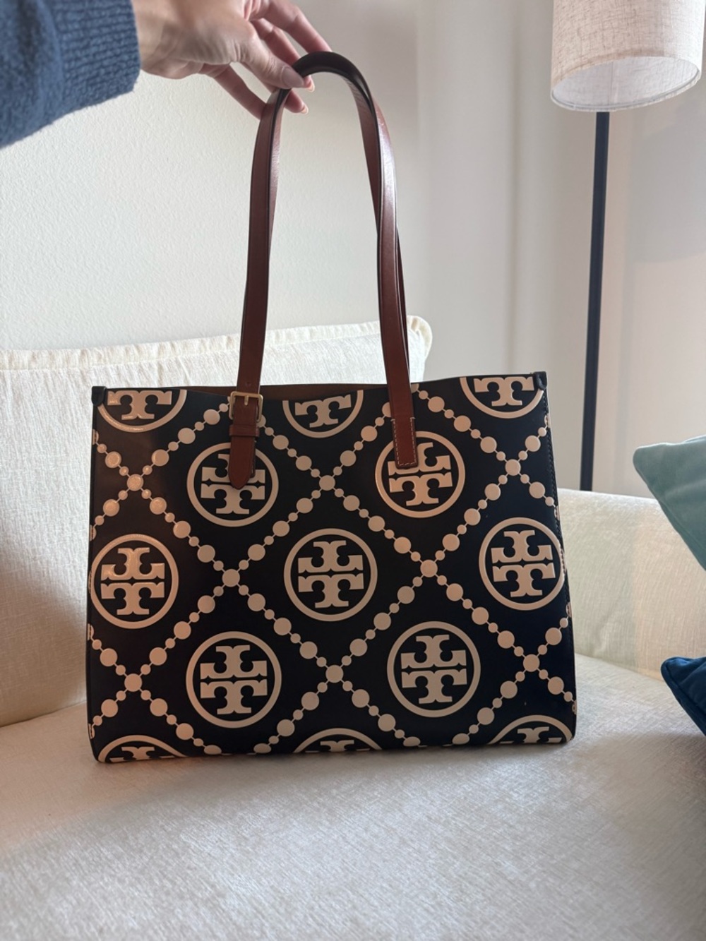 Tory Burch Black and Cream Logo Canvas Tote with Brown Leather Straps - Picture 2 of 8